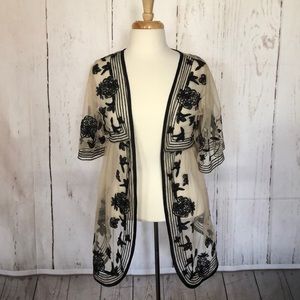 Sheer embroidered black & cream kimono
